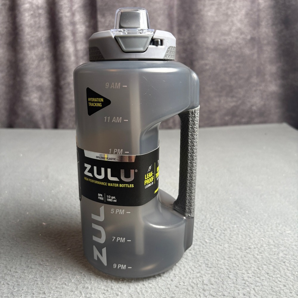 Zulu 1/2 Gallon Water Bottle Gray 64oz Hydration Tracker Leak Proof Locking Lid